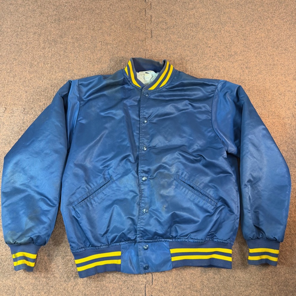 Vintage Michigan Wolverines Satin Bomber Jacket Faux Fur Lined Navy Blue Yellow